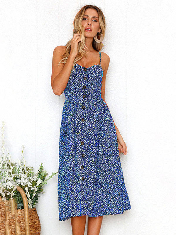 Women's Printed Halter, Button And Backless Dress