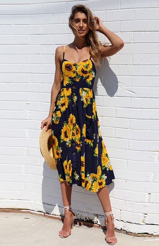 Women's Printed Halter, Button And Backless Dress