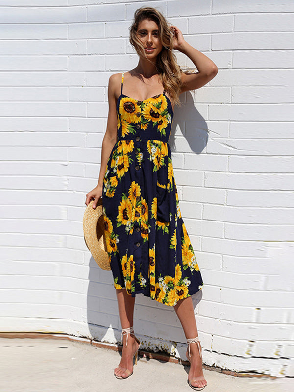 Women's Printed Halter, Button And Backless Dress