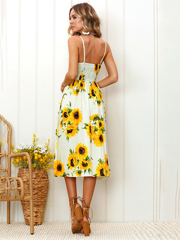 Women's Printed Halter, Button And Backless Dress