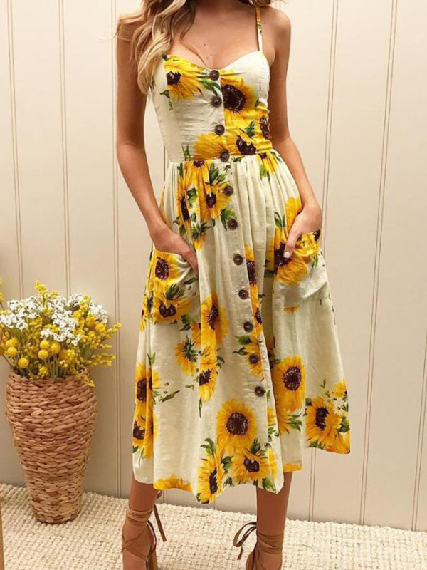 Women's Printed Halter, Button And Backless Dress
