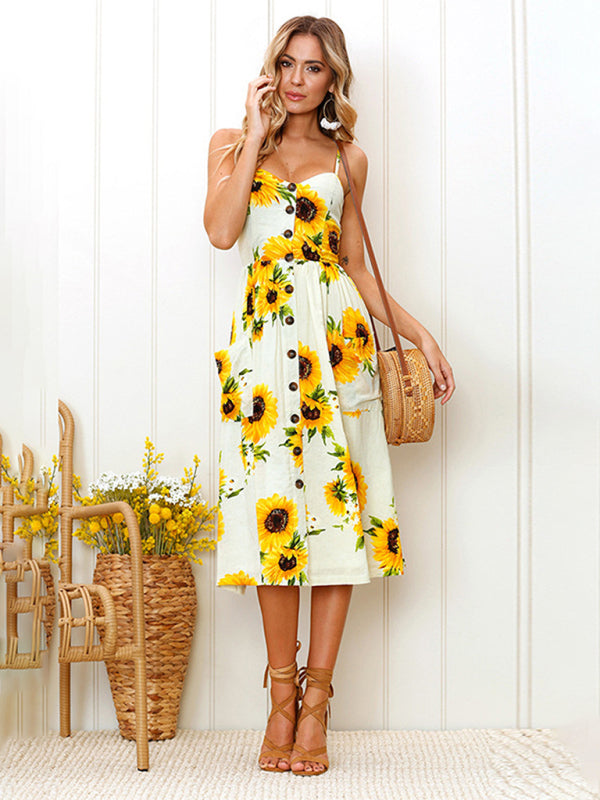 Women's Printed Halter, Button And Backless Dress