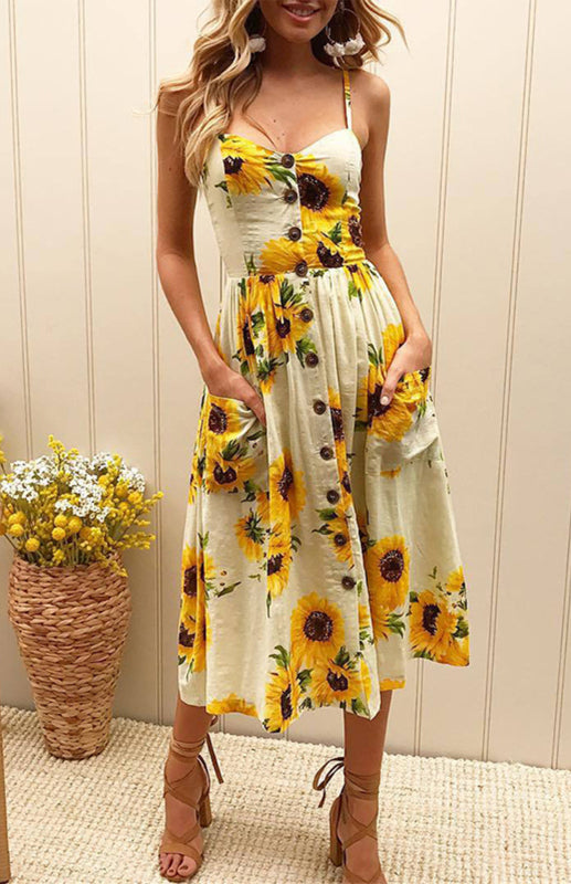 Women's Printed Halter, Button And Backless Dress