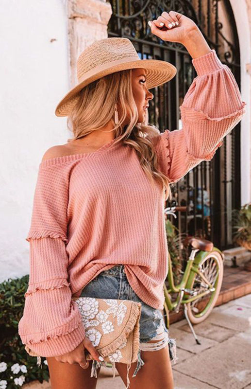 Women's Waffle V-Neck Ruffle Balloon Sleeve Top