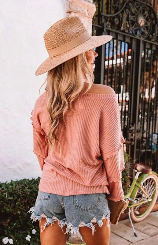Women's Waffle V-Neck Ruffle Balloon Sleeve Top