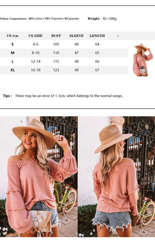 Women's Waffle V-Neck Ruffle Balloon Sleeve Top