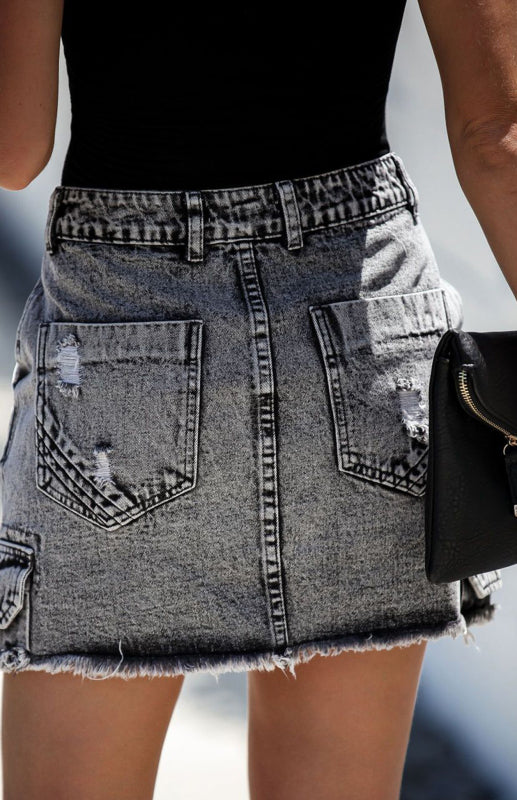 Women's High Waist Distressed Denim Mini Skirt with Pocket