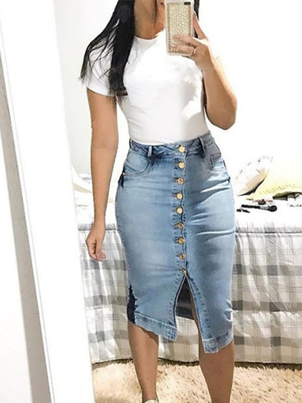 Women's Button Up Slim Fit Long Denim Skirt