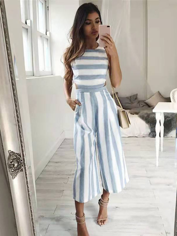 Women's linen and cotton striped seven-part jumpsuit