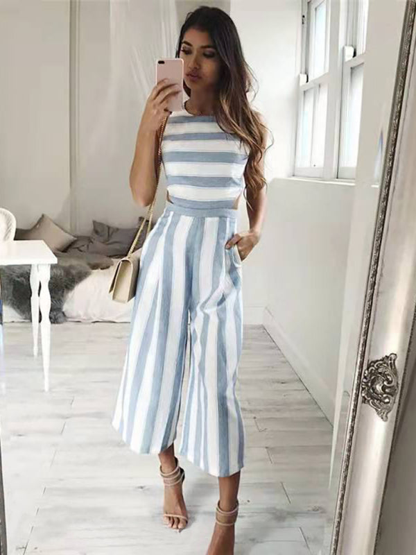 Women's linen and cotton striped seven-part jumpsuit