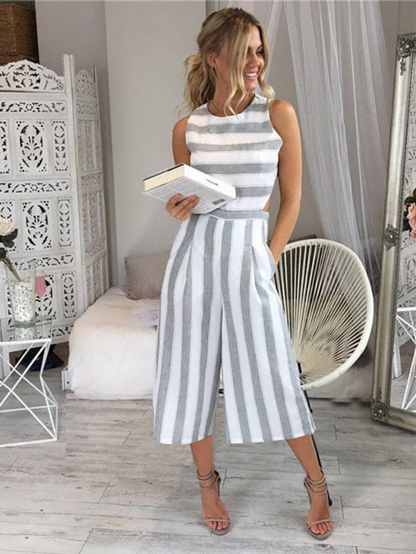 Women's linen and cotton striped seven-part jumpsuit