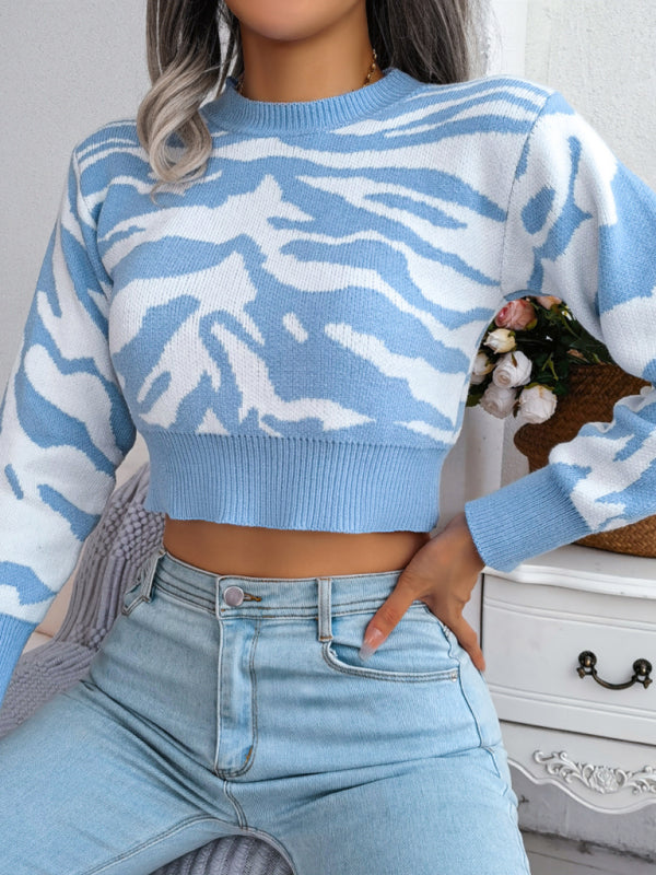 Women's fashion tiger pattern long sleeve open navel knitted sweater