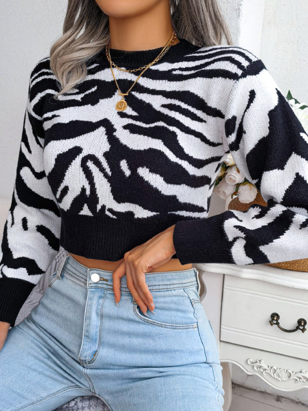 Women's fashion tiger pattern long sleeve open navel knitted sweater