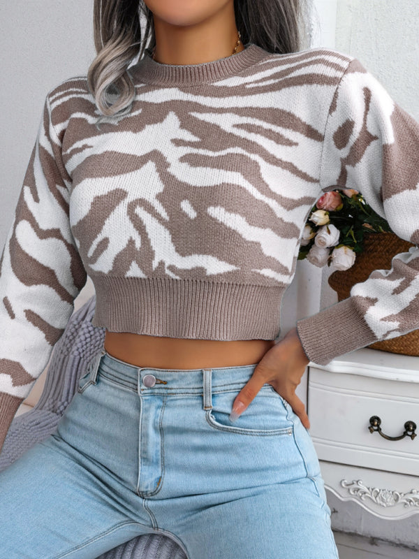 Women's fashion tiger pattern long sleeve open navel knitted sweater