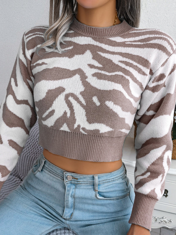 Women's fashion tiger pattern long sleeve open navel knitted sweater