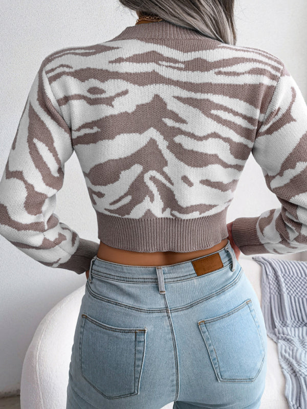 Women's fashion tiger pattern long sleeve open navel knitted sweater
