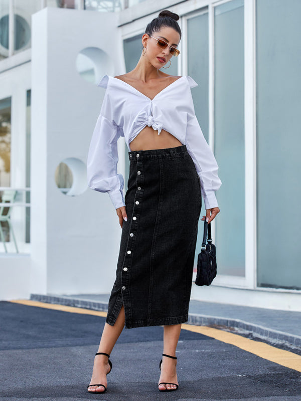 New Button Irregular Slit Denim High Waist Skirt