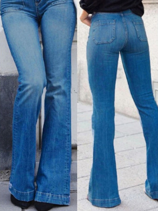 Women's trendy slim fit patch pockets slim high waist flared trousers