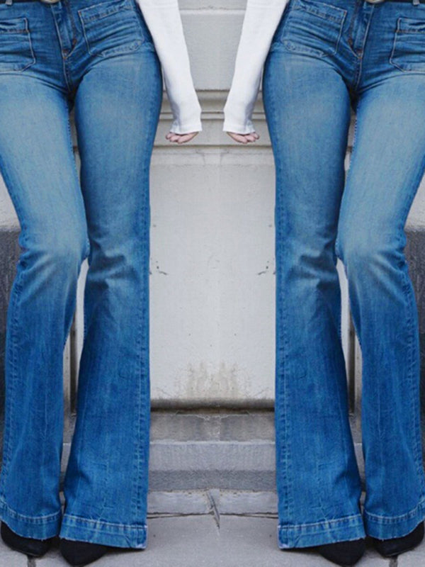 Women's trendy slim fit patch pockets slim high waist flared trousers