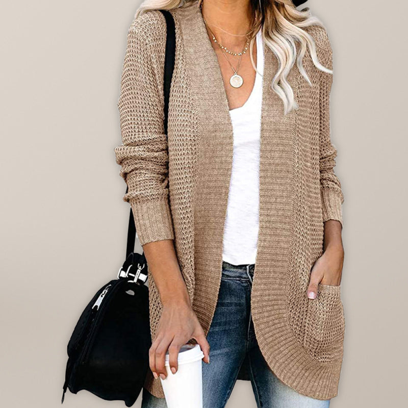 Women's European and American curved placket large pocket sweater cardigan