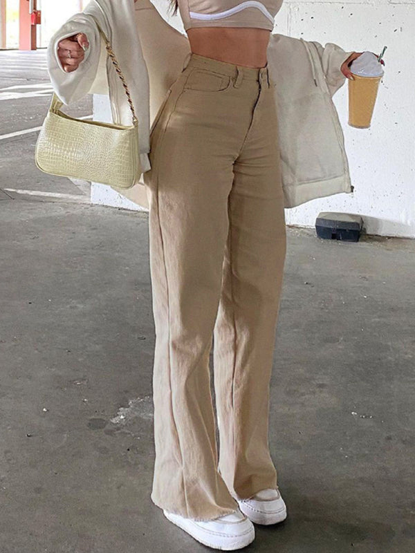 Women's solid color jeans loose slim high waist women's casual trousers