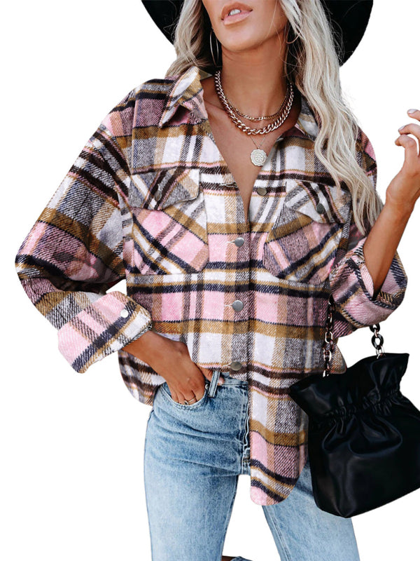 Women’s Cord Plaid Print Collar Button Front Shirt
