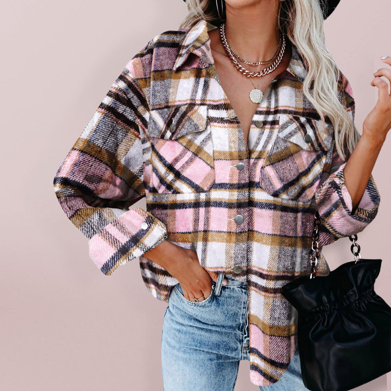 Women’s Cord Plaid Print Collar Button Front Shirt