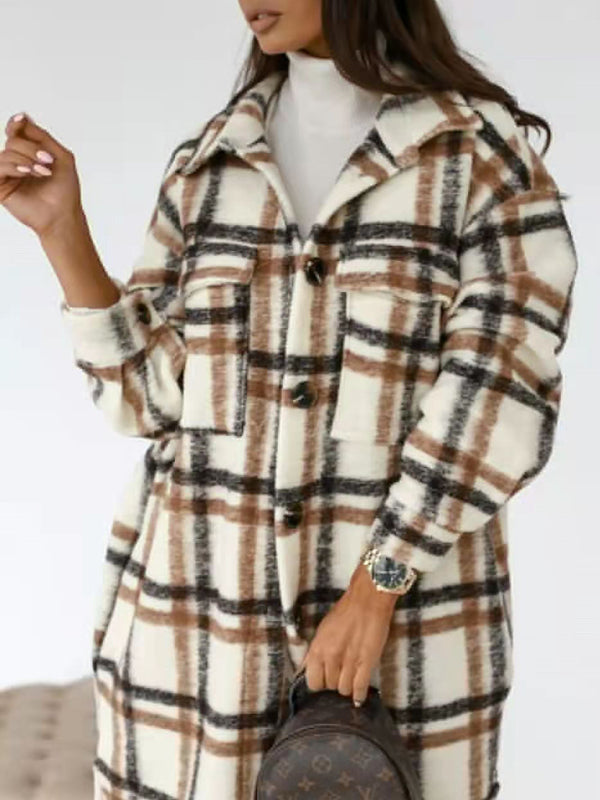 Women's plaid brushed mid-length woolen coat