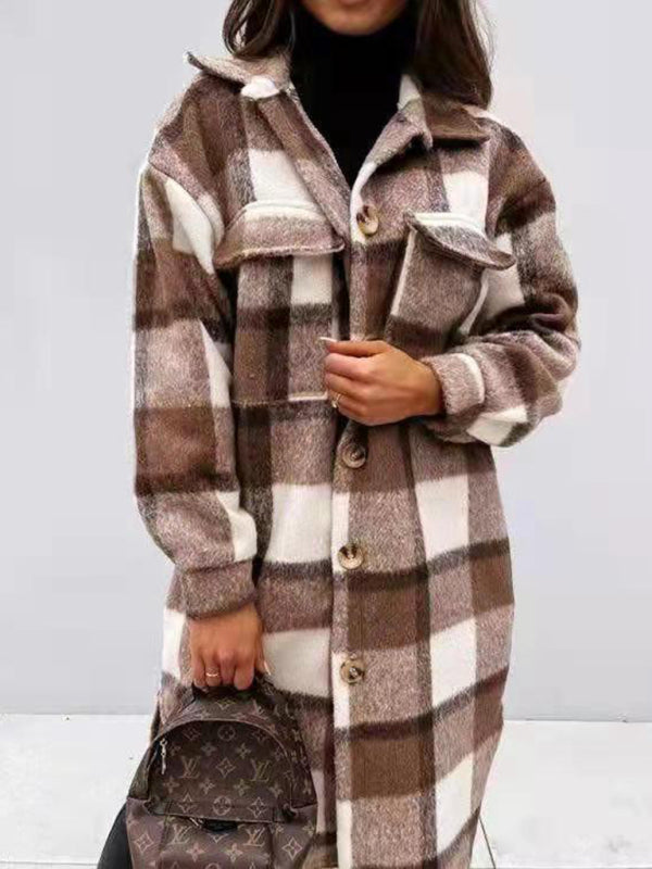 Women's plaid brushed mid-length woolen coat