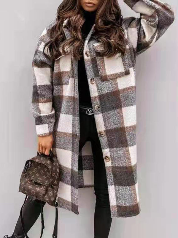 Women's plaid brushed mid-length woolen coat