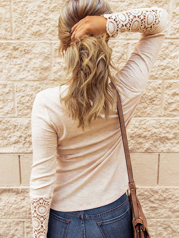 Round neck stitching lace sleeve loose solid color long-sleeved T-shirt
