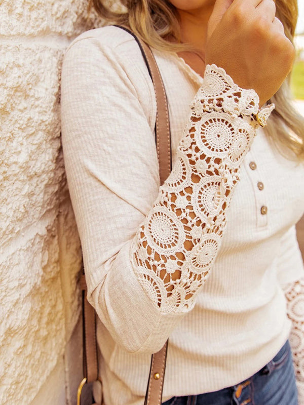 Round neck stitching lace sleeve loose solid color long-sleeved T-shirt