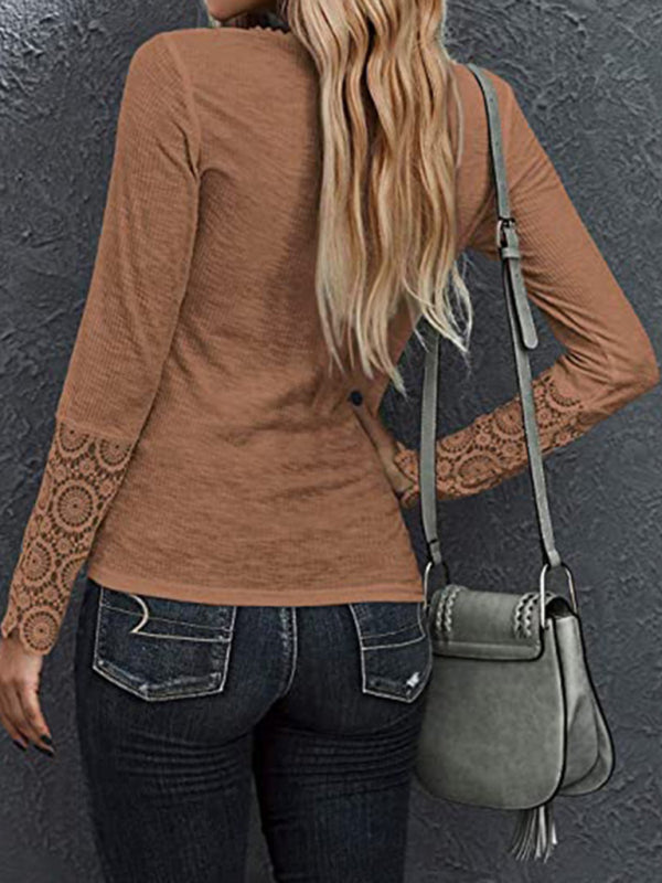 Round neck stitching lace sleeve loose solid color long-sleeved T-shirt