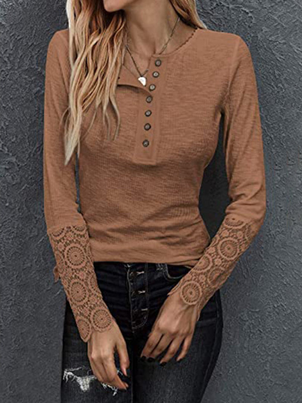 Round neck stitching lace sleeve loose solid color long-sleeved T-shirt