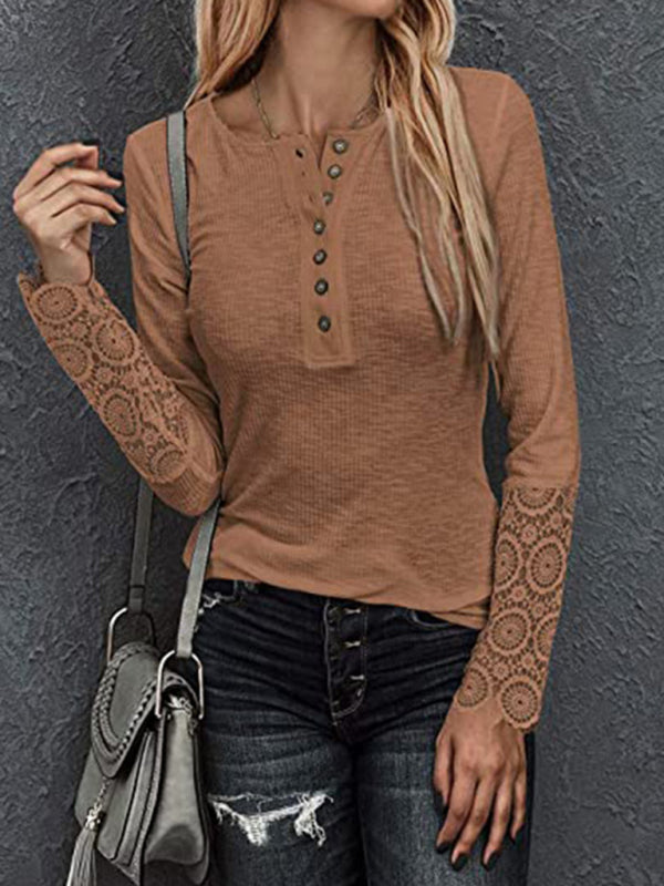 Round neck stitching lace sleeve loose solid color long-sleeved T-shirt
