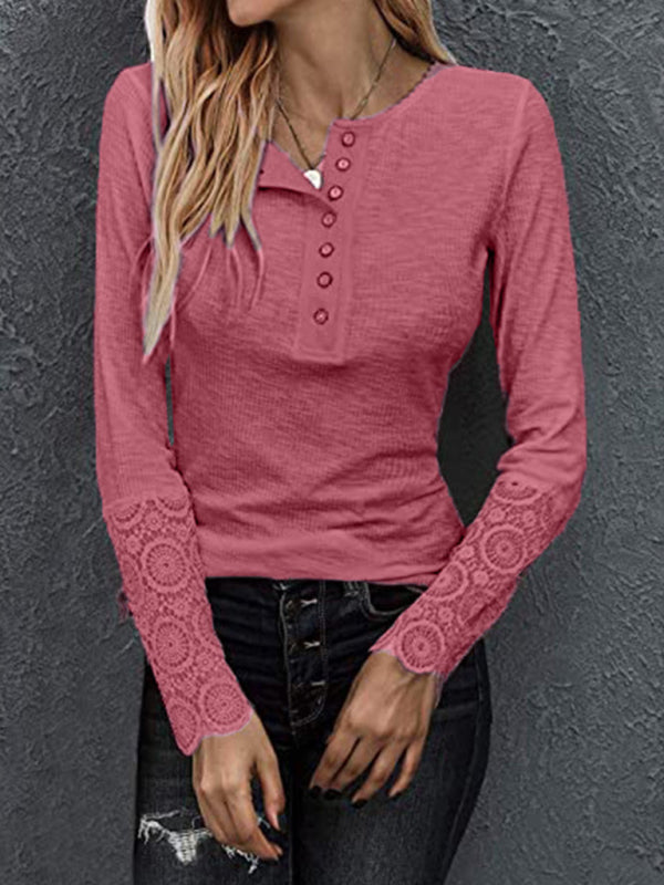 Round neck stitching lace sleeve loose solid color long-sleeved T-shirt