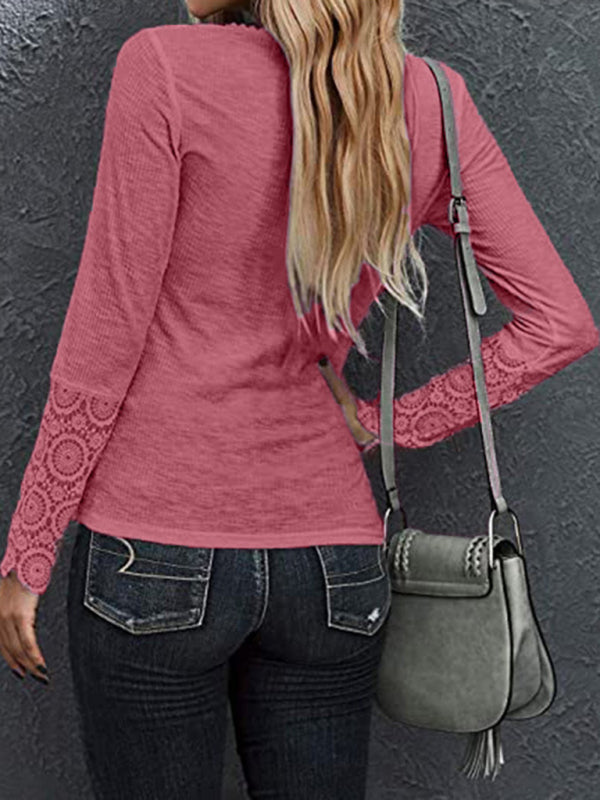 Round neck stitching lace sleeve loose solid color long-sleeved T-shirt