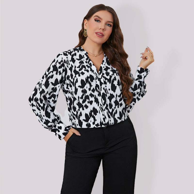 Long Sleeve Black & White Print Blouse
