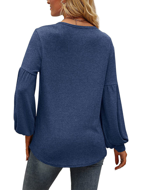 Loose pleated puff sleeve V-neck long-sleeved T-shirt