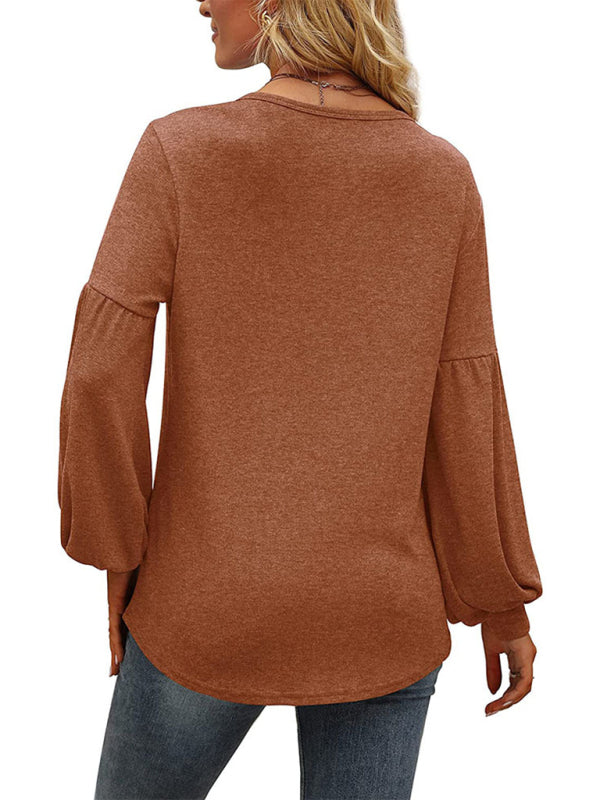 Loose pleated puff sleeve V-neck long-sleeved T-shirt