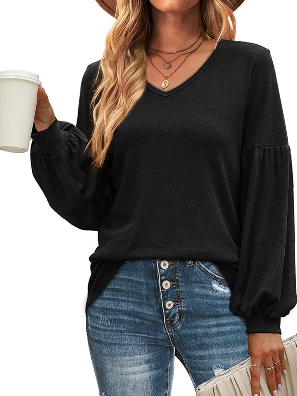 Loose pleated puff sleeve V-neck long-sleeved T-shirt