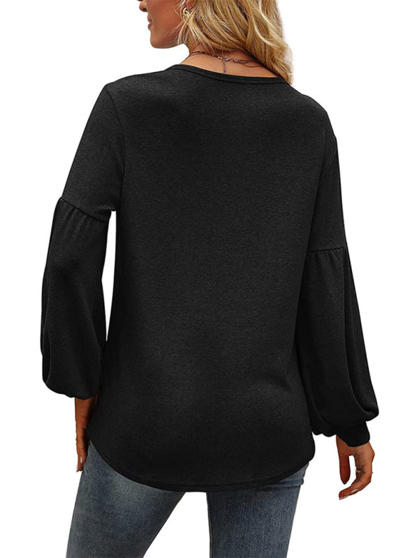 Loose pleated puff sleeve V-neck long-sleeved T-shirt