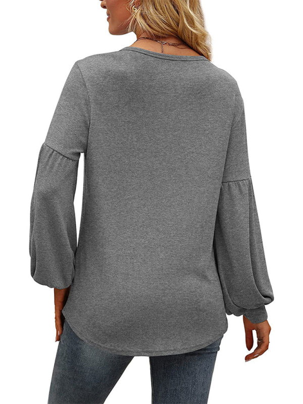 Loose pleated puff sleeve V-neck long-sleeved T-shirt