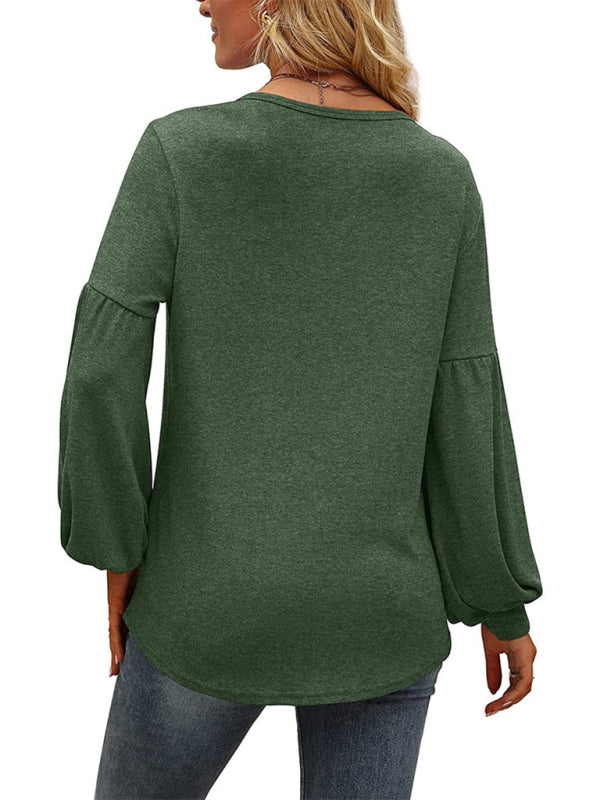 Loose pleated puff sleeve V-neck long-sleeved T-shirt