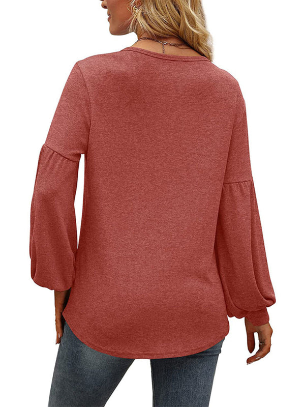 Loose pleated puff sleeve V-neck long-sleeved T-shirt