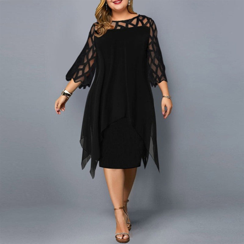 Black Lace Stitching Three-quarter Sleeve Irregular Hem Chiffon Dress