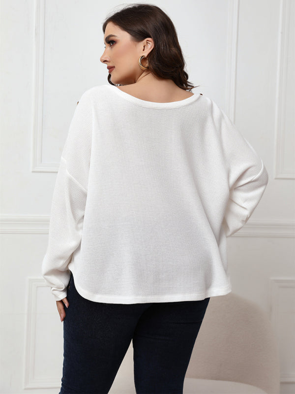 White Long Sleeve Knit Top with Button Shoulder Detail