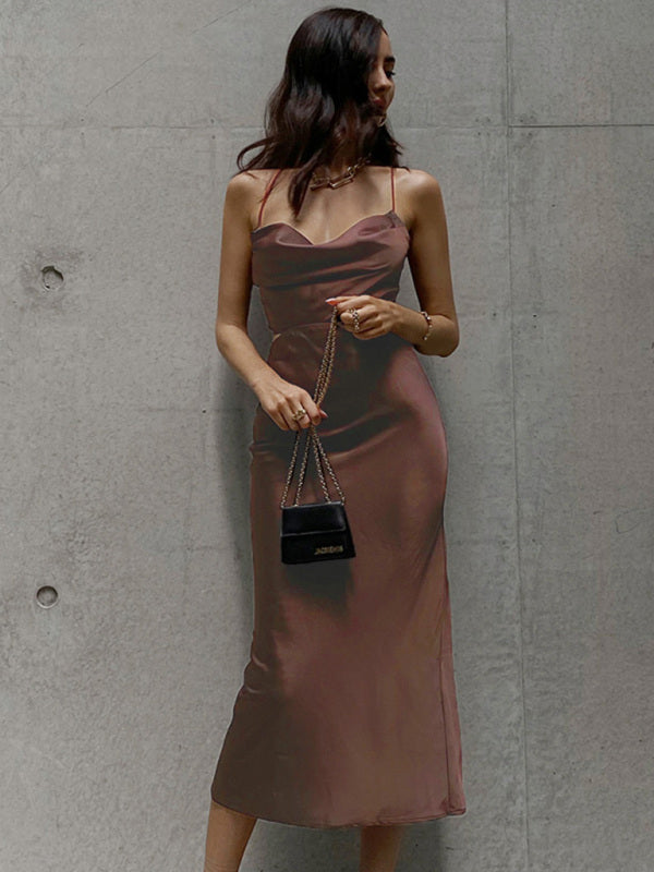 Satin Neck Sleeveless Sleeveless Halter Dress