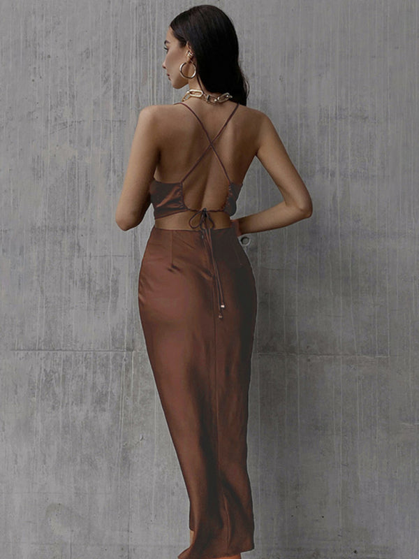 Satin Neck Sleeveless Sleeveless Halter Dress