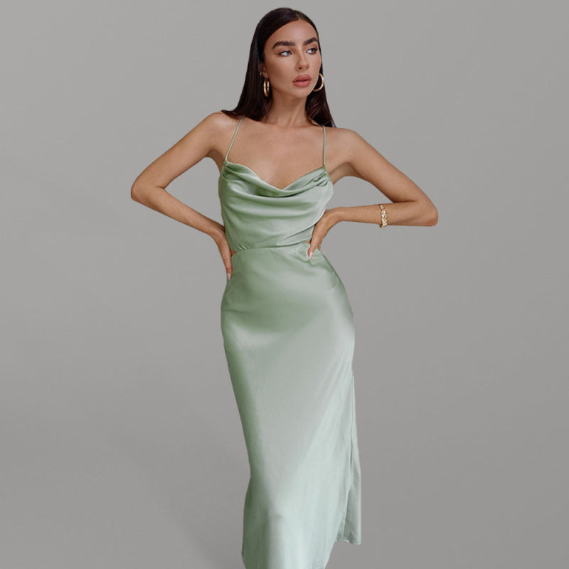 Satin Neck Sleeveless Sleeveless Halter Dress
